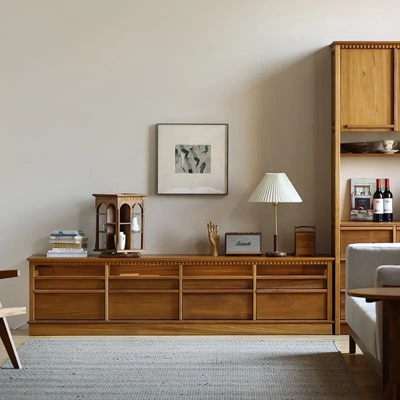 For Living Room Solid Wood Retro TV Cabinet Medium Antique Audio Visual Storage Floor Low Cabinet Myanmar Old Teak Furniture