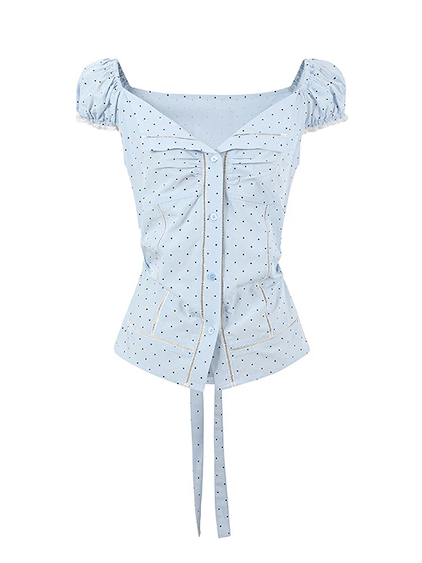 

Blue Polka Dot Short Sleeve Women's Shirt Summer Lace Waist Cinched Bubble Sleeve Top Trendy One-Shoulder Button Closure Slim...