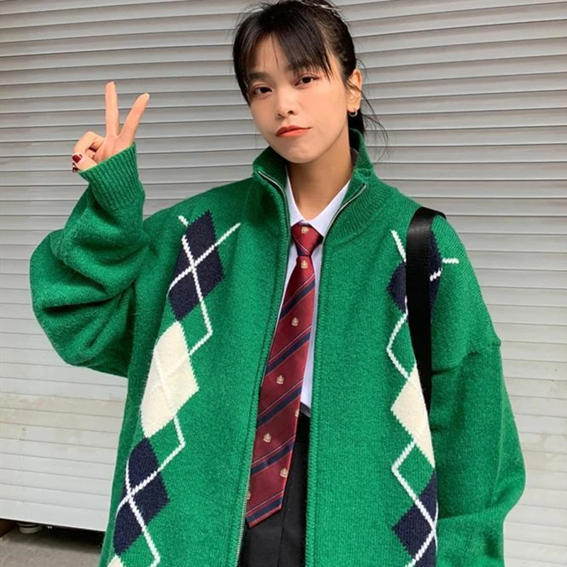 Vintage Preppy Argyle Knitted Cardigan Zip Up Jackets for Girls College Women Loose Oversized Sweaters Coat Thicken Warm Winter