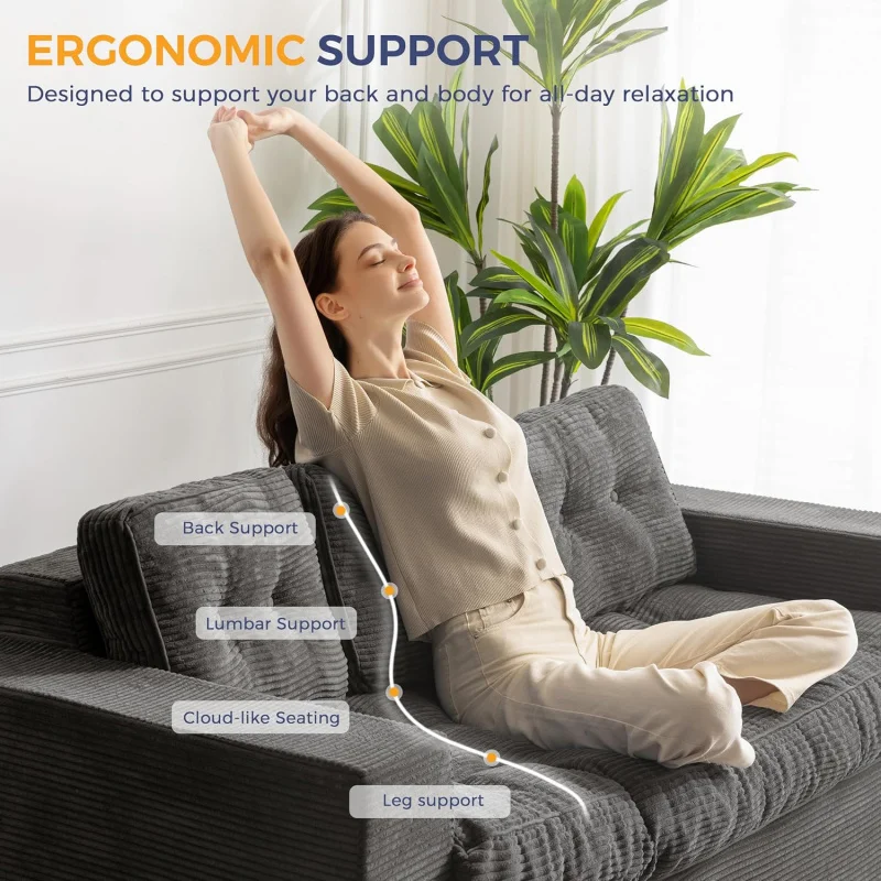 Sofá de 3 lugares para sala de estar, sofá desossado com almofada e encosto capitonés, sofá de chão estofado com braços,