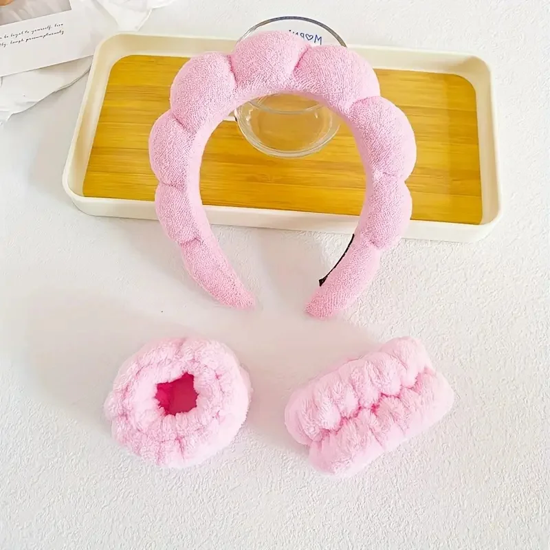 

Three-piece solid color sponge headband, keeps hair in place while washing face and skincare, does not damage skin or hair