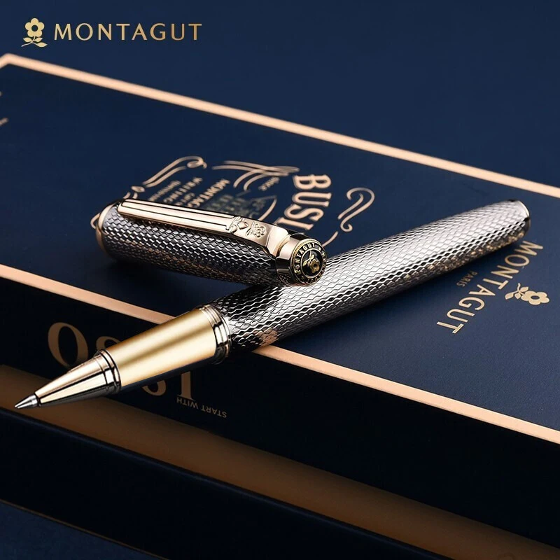 Montagut Classic Golden And Silver Mesh Trim Roller Ball Pen Iridium Nib Exquisite Stationery Writing Gift Pen Set