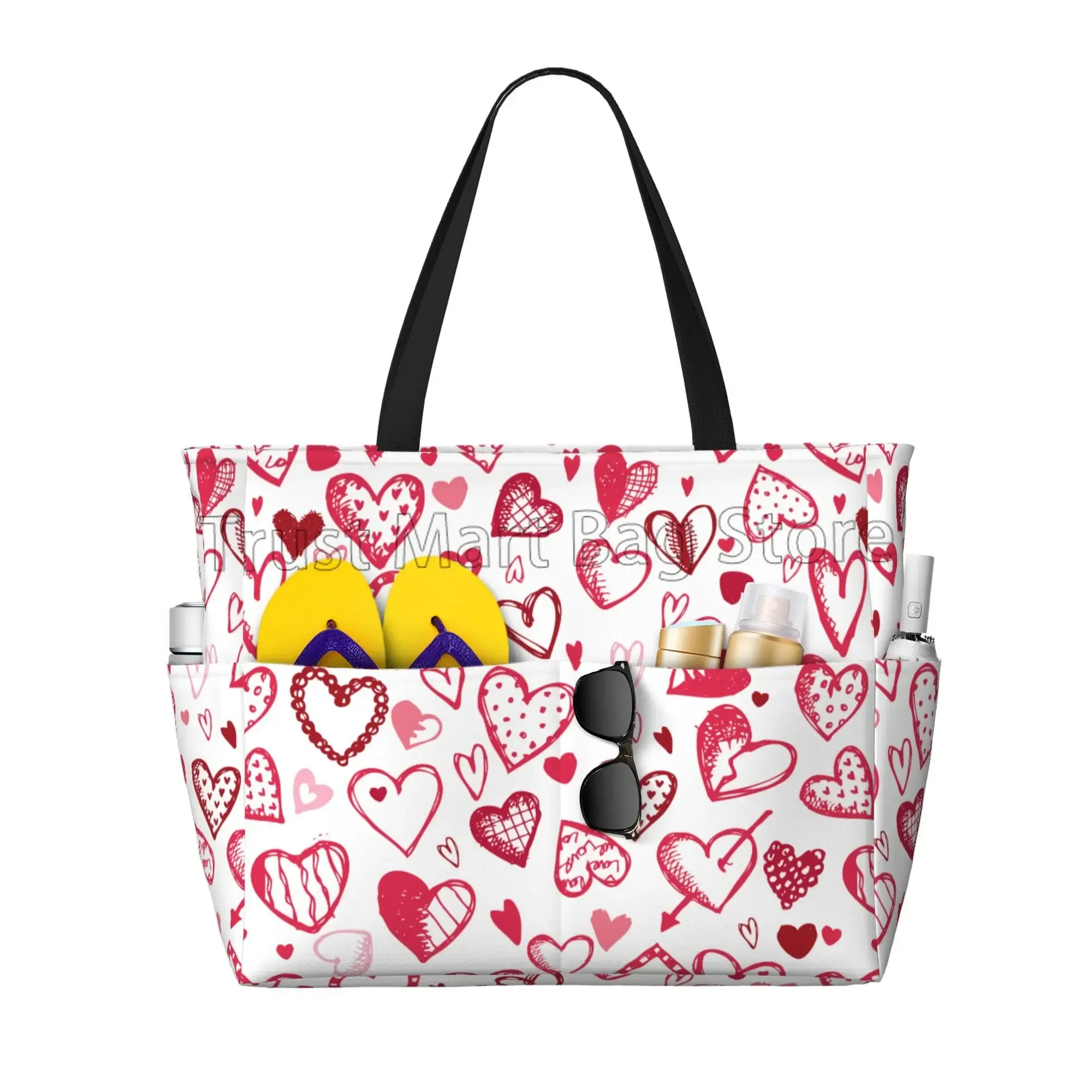 

Large Beach Bags Waterproof Sandproof Pink Love Hearts Cute Beach Tote Bags for Women with Zipper for Travel Vacation Swim Gym