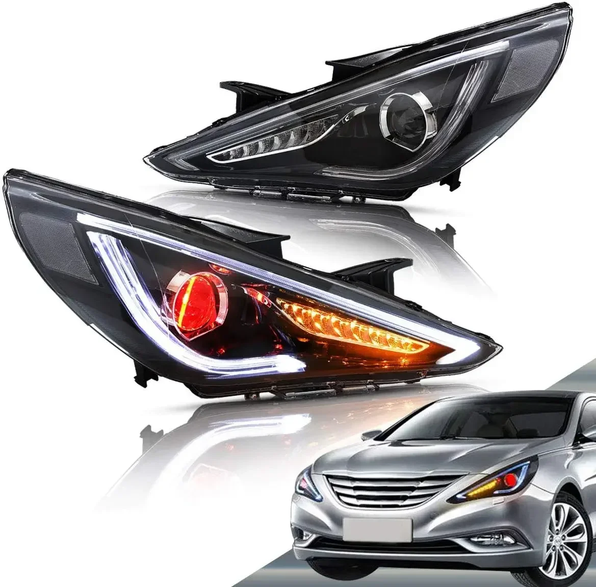 Faros delanteros LED para proyector compatibles con Hyundai Sonata 2011-2014 (no aptos para híbridos y modelos sin nivelación automática) con ámbar