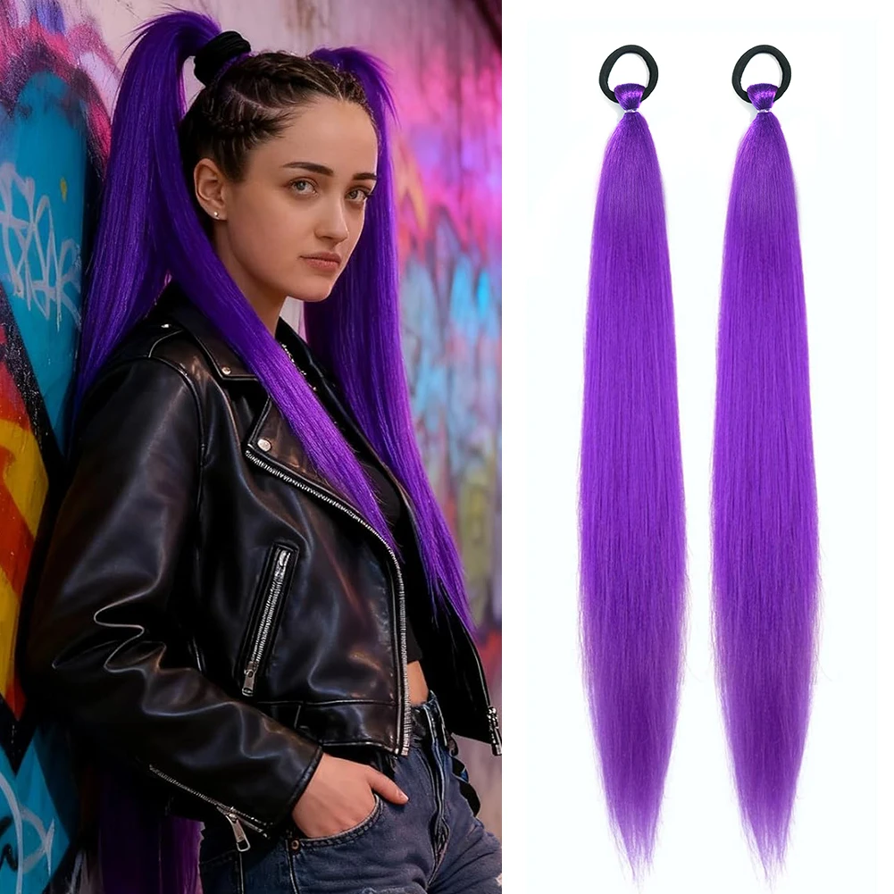 Purple Pre Stretched Synthetic Braiding Hair Straight Braid Ponytail Extension with Elastic Tie Sleek Wrap Around 2PS/Pack