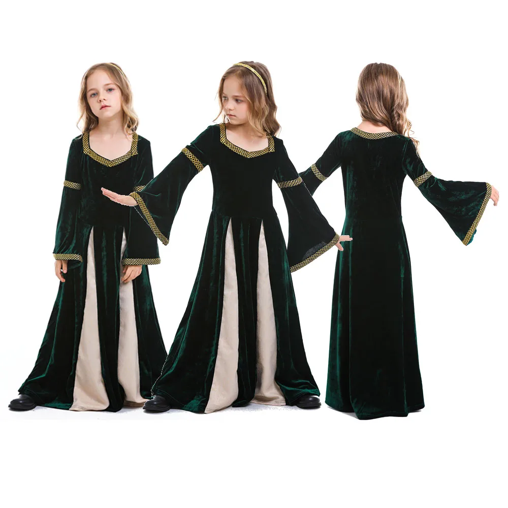 Medieval Renaissance Princess Costume Gown Robe Green Medieval Swing Dress Kid Vampire Halloween Carnival Costume