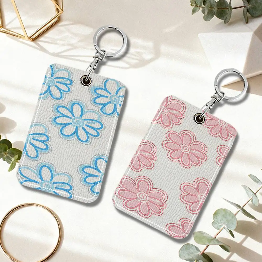 Light Colorful Floral Keyring Leather Access Card Holder Keychain Community Proximity Card Protective Case