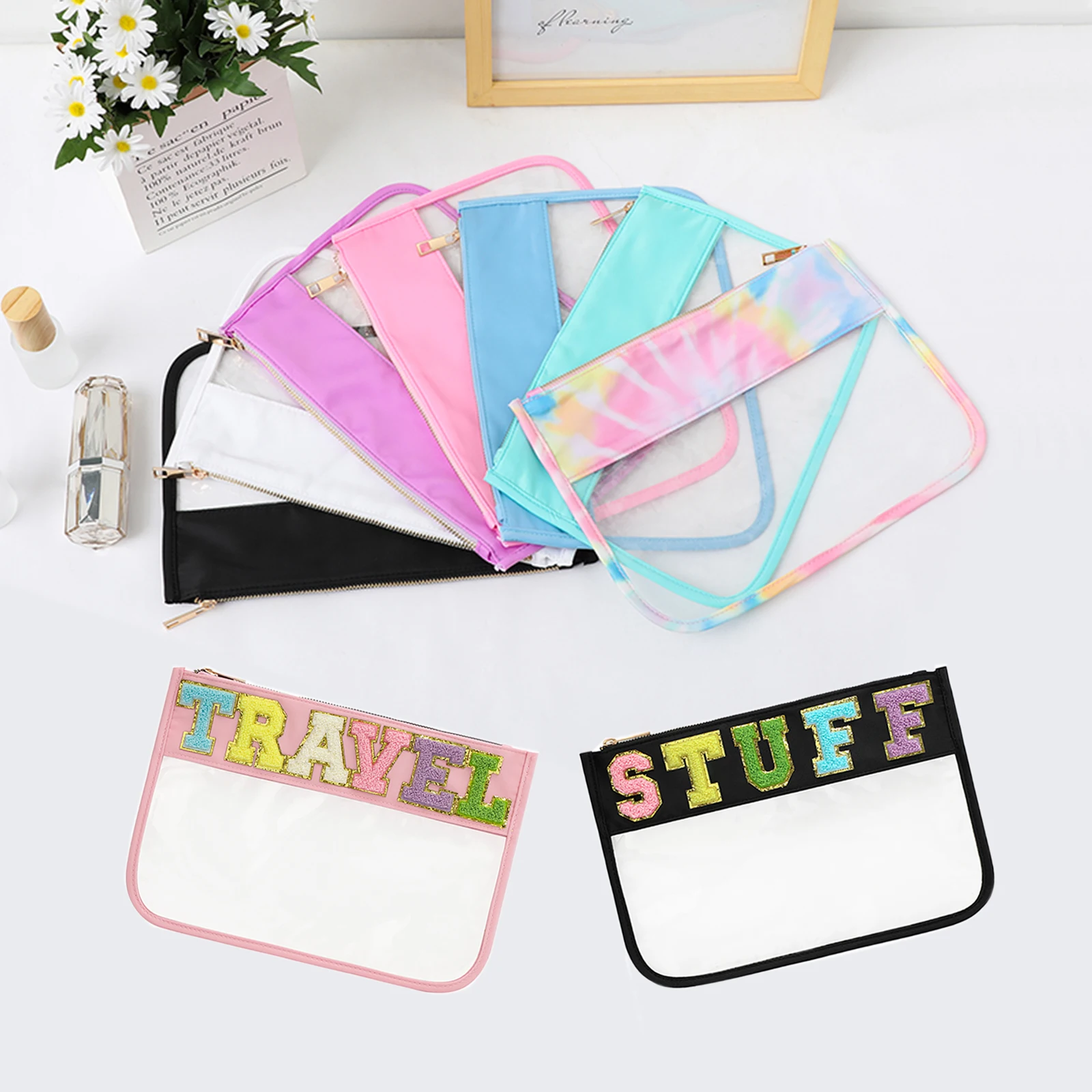 Transparent Cosmetic Bag Clear Nylon Flat Zipper Travel Pouch PVC Makeup Toiletry Bag Waterproof With Chenille Letter Patches