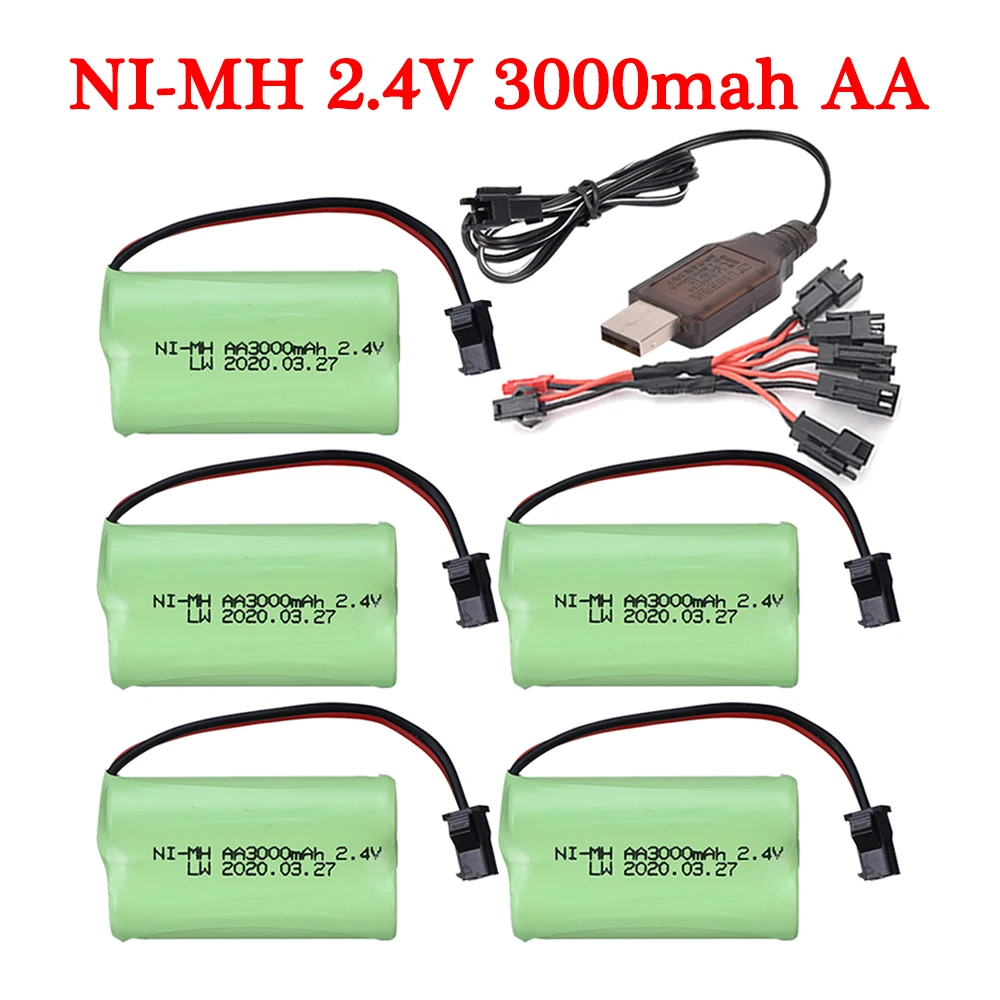 NIMH-Bateria Recarregável para Brinquedos RC, Carregador USB, 2.4V, 3000mAh, Controle Remoto, Caminhão de Corrida, Tanque, Barco, Robô