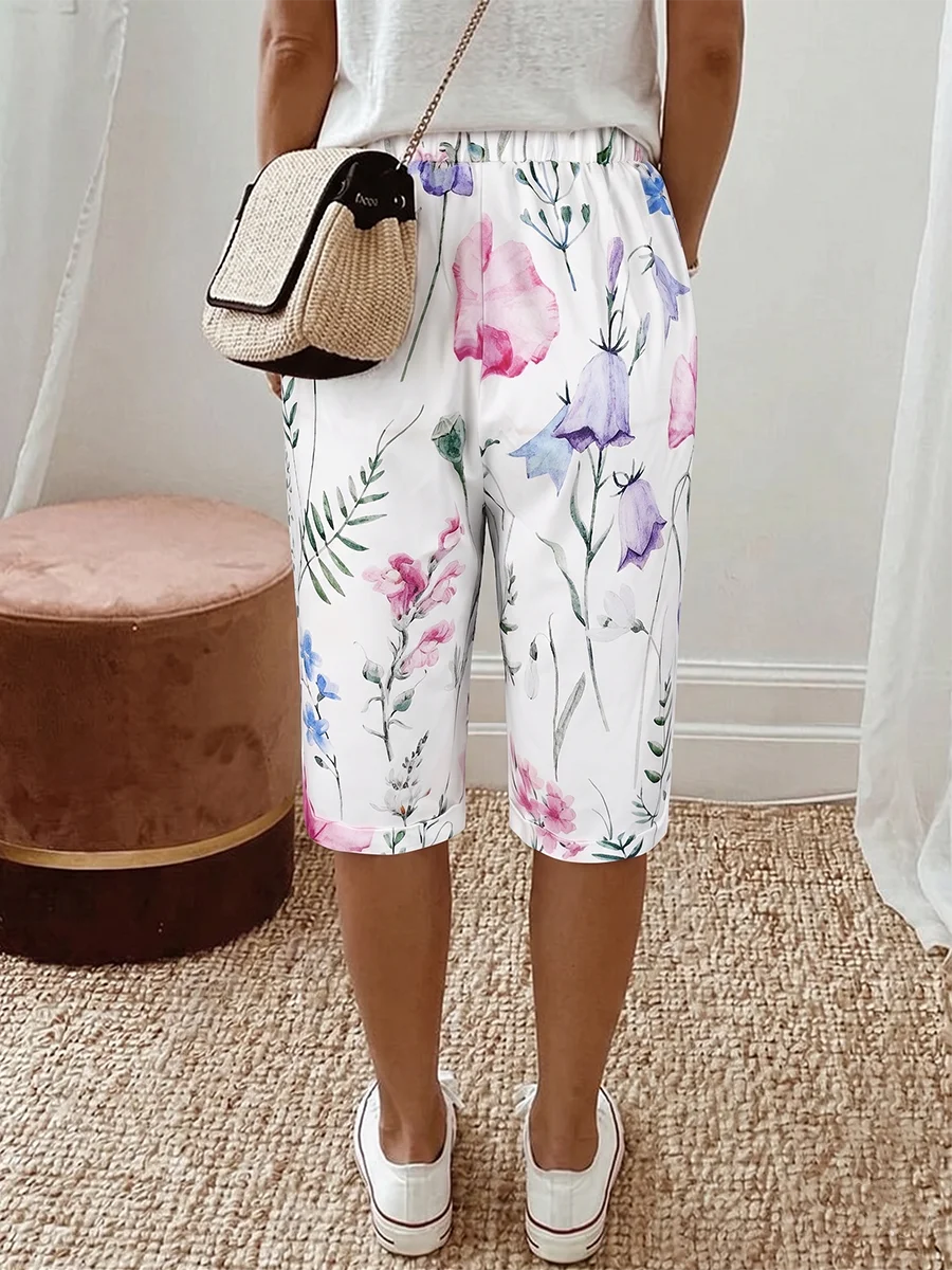 Women Summer Floral Print Shorts Casual Loose Drawstring Elastic Waist Wide Leg Half Pants Capris