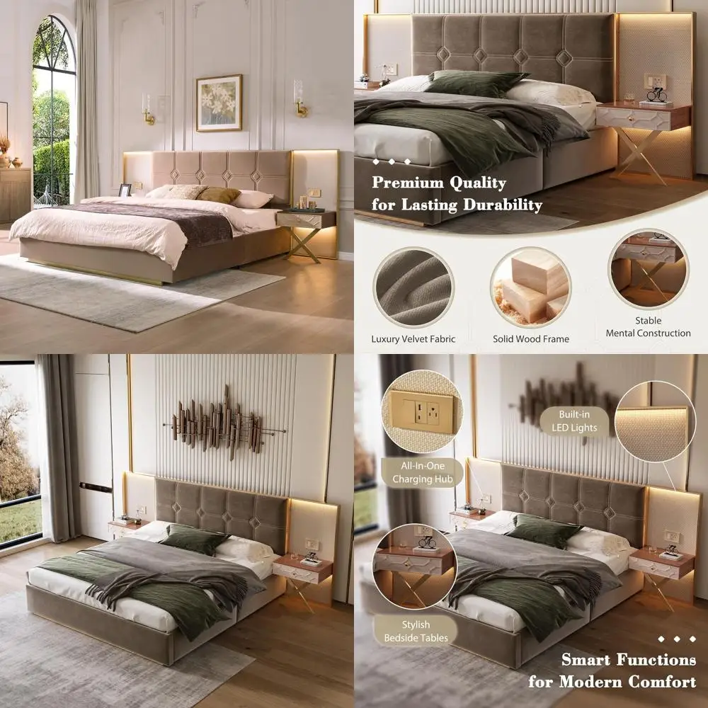 

Бархатная кровать California King с зарядными портами, светодиодной подсветкой и встроенными прикроватными тумбочками — не требует пружинного блока.