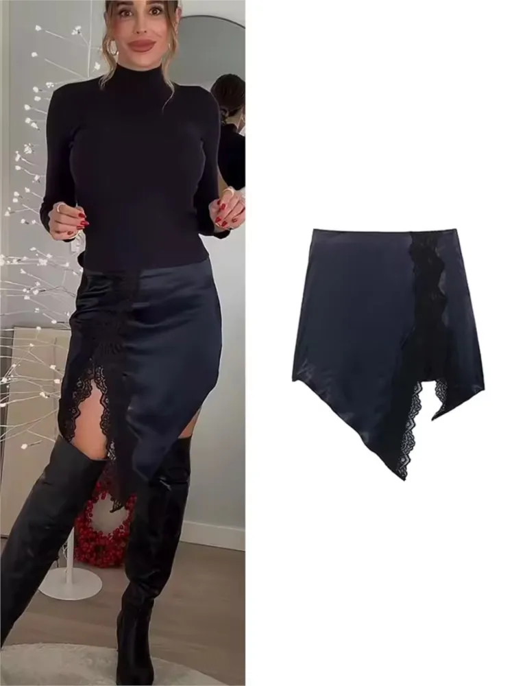 봄 여름 여성 패치워크 스커트 캐주얼 미드 웨이스트 여성용 사이드 지퍼 비대칭 레이스 여성 스커트 오피스 레이디 여성 시크 스커트