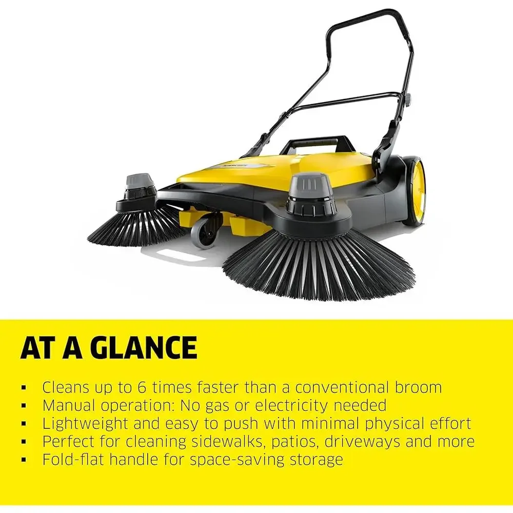 S6 Twin Push Sweeper Human Powered Outdoor Cleaning 10 Gallon Waste Container 33.9in Sweeping Width 32300 Sq Ft Per Hour