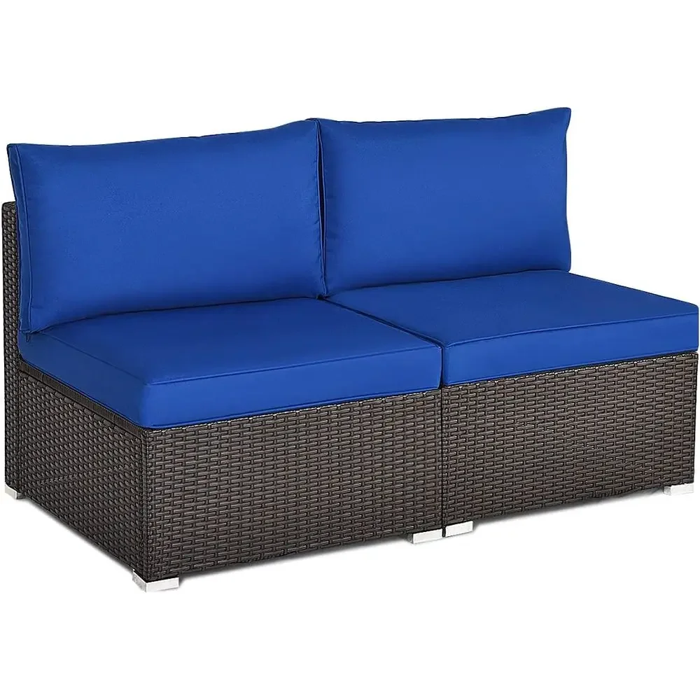 Navy Blue 2-Piece Rattan Patio Wicker Sectional Sofa Set with Removable Cushions and Heavy-Duty Steel Frame for Outdoor Garden,