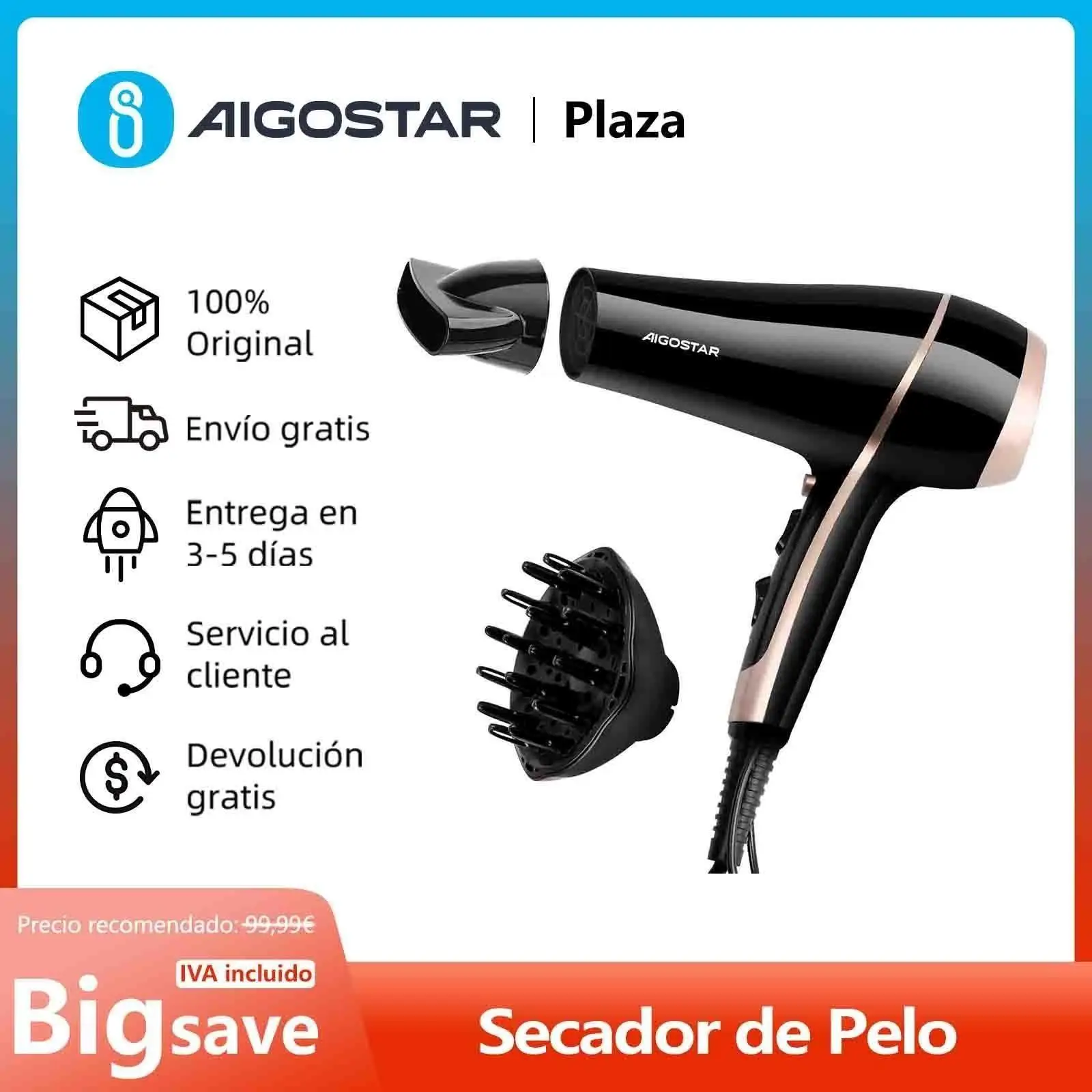 Secador de Pelo Profesional, Iones Negativos, 2 Velocidades, 3 Niveles de Temperatura + Aire Frío, Difusor y… — oferta en AliExpress