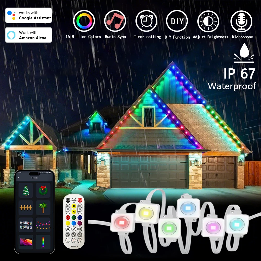5/90-Meter Bluetooth Festive Eaves LED Lights, APP-Controlled Christmas Wedding Lighting Strings, Outdoor Permanent Lighting, RG