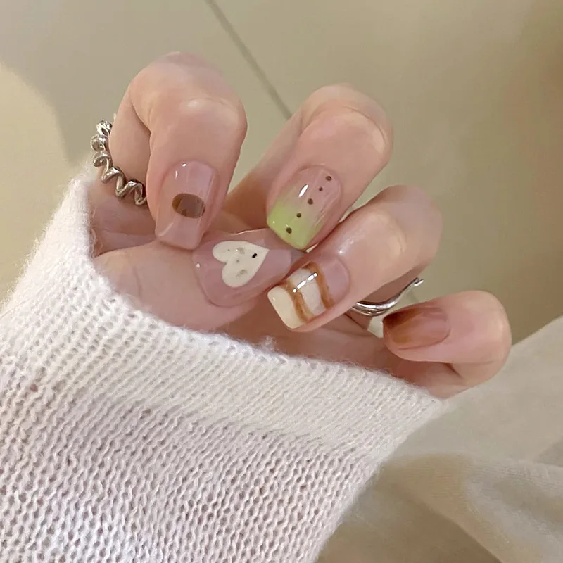 24Pcs Colorful Short Polka Dot False Nail Cat's Eye Glossy Tips Full Cover Wearable Spicy Girl Press on Nails Pink Fake Manicure 6