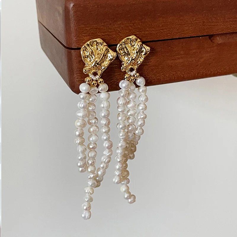 

French elegant baroque freshwater shaped pearls unique tassel earrings for women