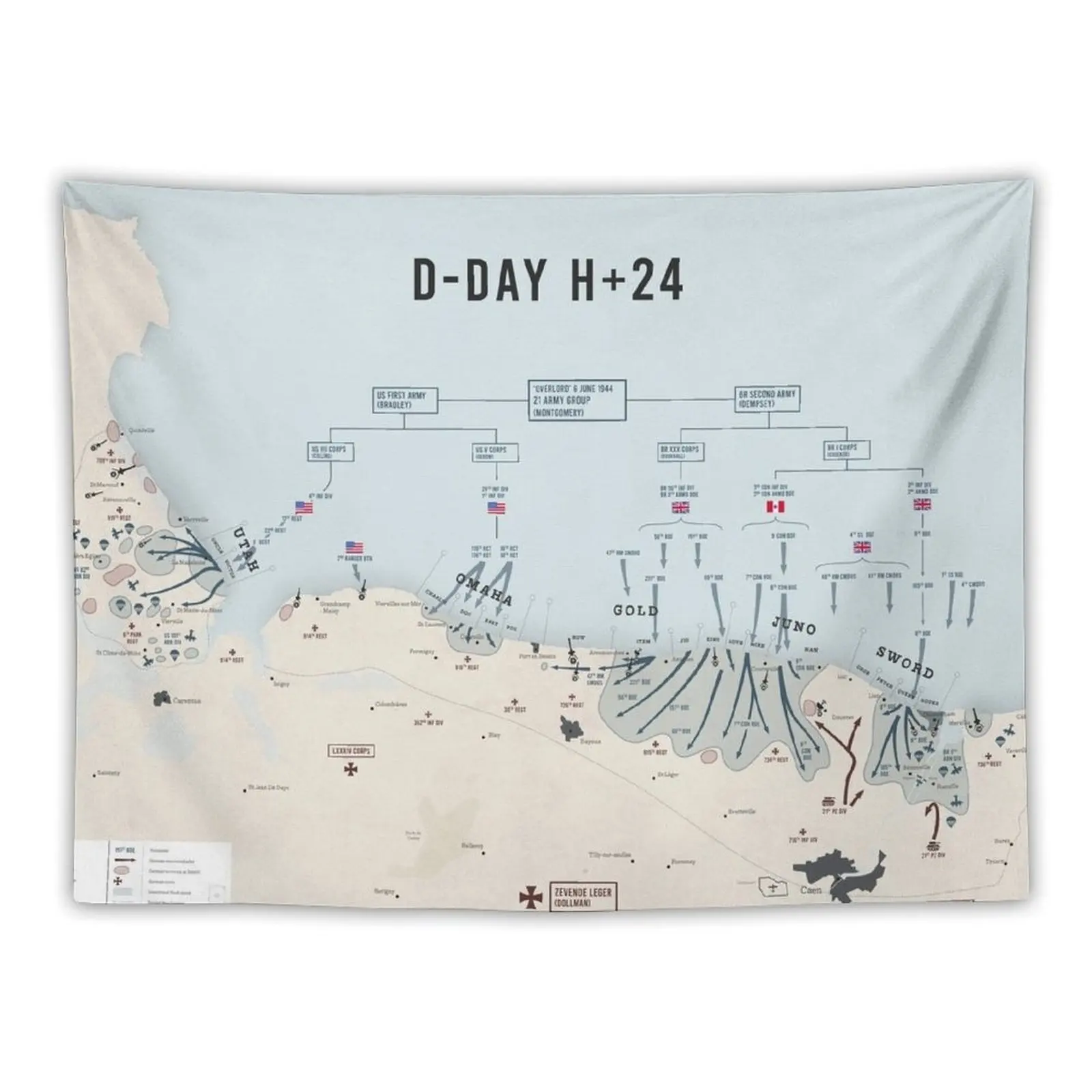 

D-day map poster of Normandy with all beach and airborne landings in detail - Digital print - Operation Overlord Tapestry