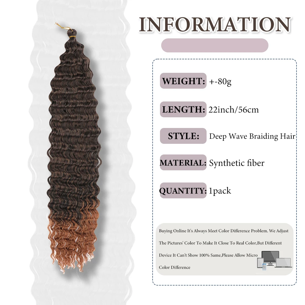 Extensiones de cabello trenzado Ocean Wave, cabello sintético de 22 pulgadas, trenzas de onda profunda de ganchillo, trenzas largas y rizadas