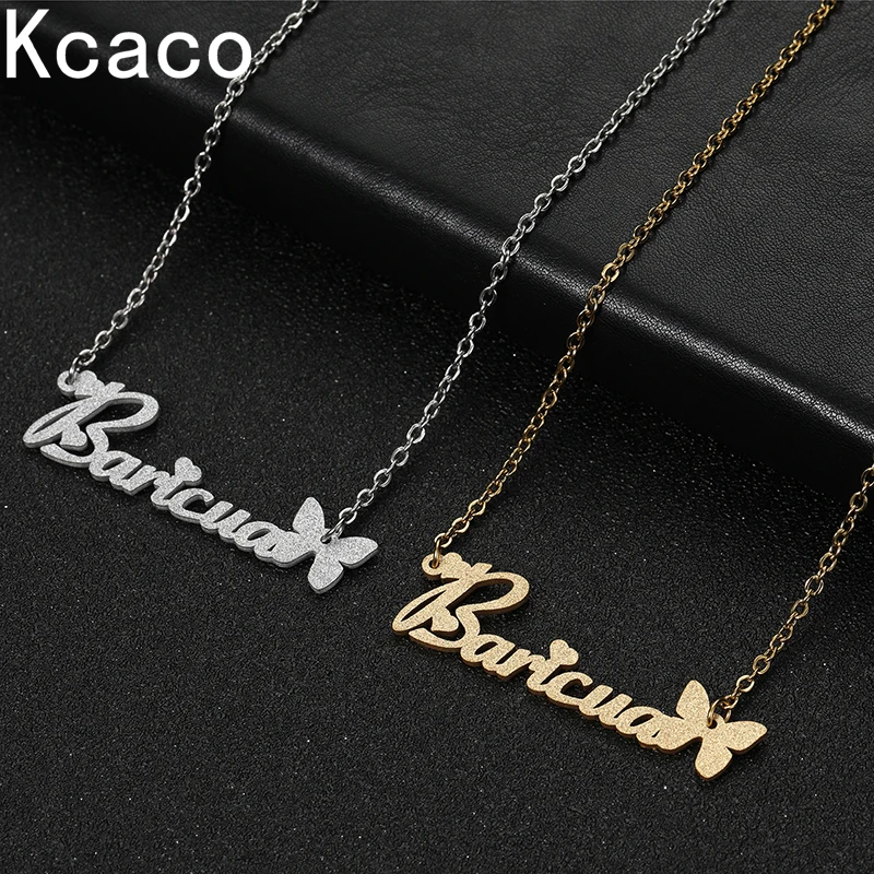 Customized Stainless Steel Frosted Name Necklace Butterfly Personalized Letter Gold Choker Pendant Nameplate for Women Gift