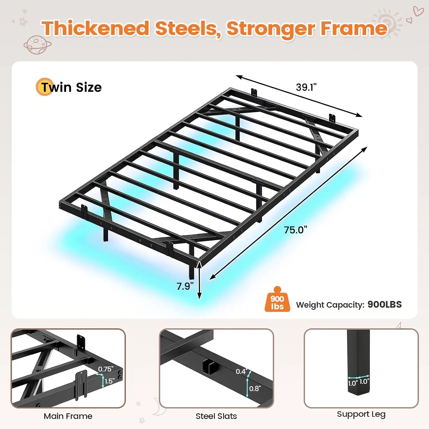 Hasuit Metal Floating Bed Frame Twin Size with LED Lights for Kids No Box Spring Needed Easy to Assemble, Customized view 2
