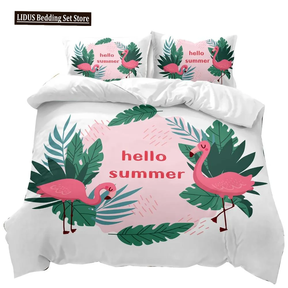 

Flamingo Duvet Cover Couple Flamingo Palm Leaf Twin Bedding Set Tropical Botanical Leaves Summer King Size Polyester Quilt Cover