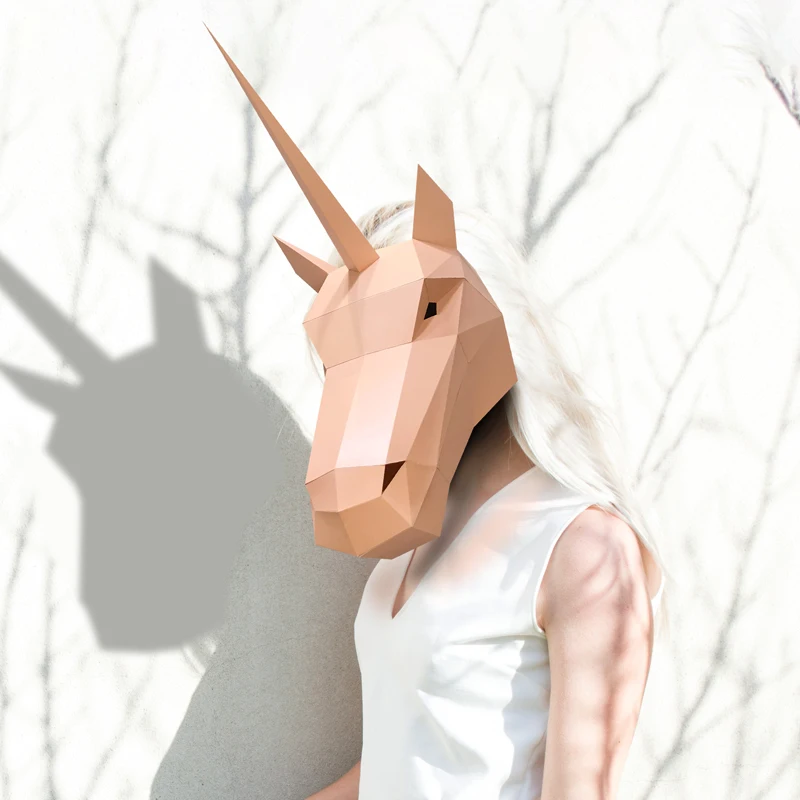 3D Paper Mold Unicorn Head Mask Headgear Model Halloween Cosplay Props Women Men Party Dress Up DIY Craft Masks