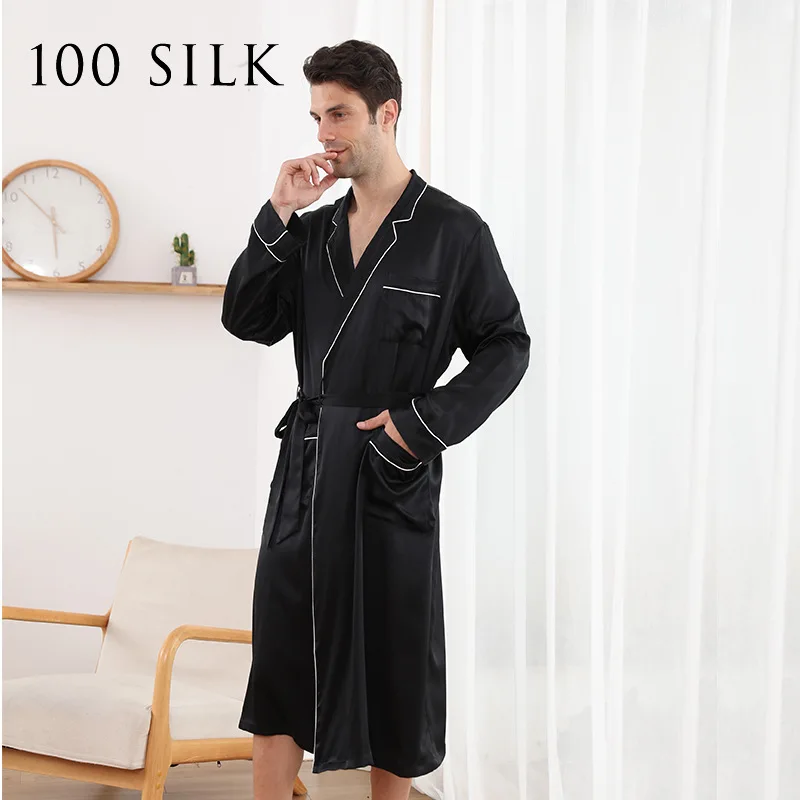 Birdtree 19Momme 100%Pure Mulberry Silk Long Robe for Men Silky Sleepwear Gentleman Elegant Nightgown Natural Pajamas P3D036QM