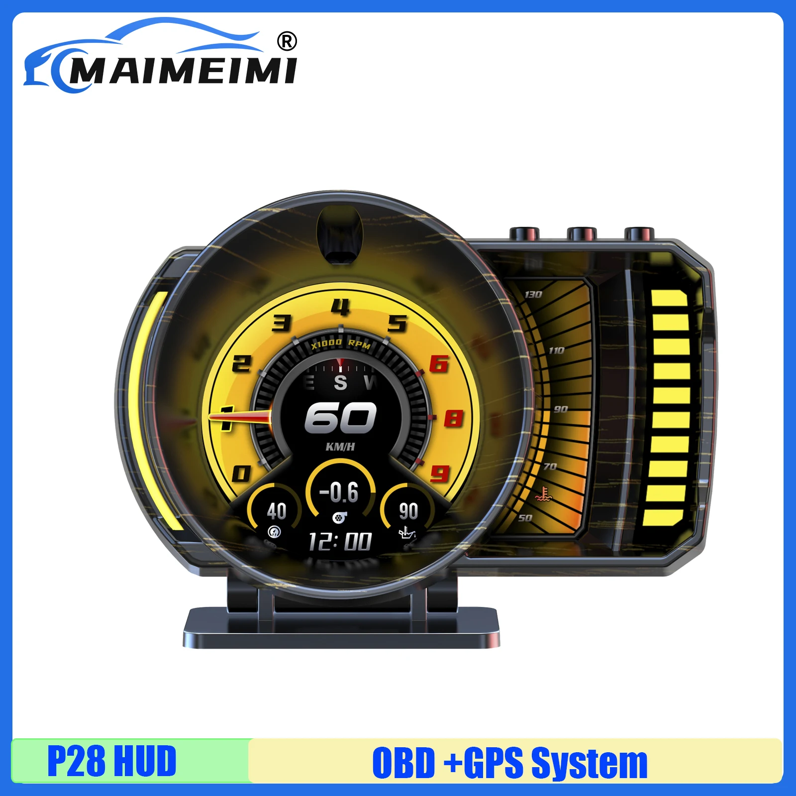 OBD+GPS Head Up Display P28 Car HUD RPM Speedometer Water Oil Temperature Voltage Oil Pressure Clock Overspeed ​Coolant Alarm