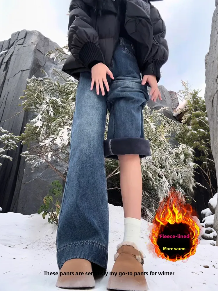 

Women's Fleece Lined Wide Leg Jeans Thick Warm Winter New Style High Waist Commute Blue Color Comfortable Medium Stretch