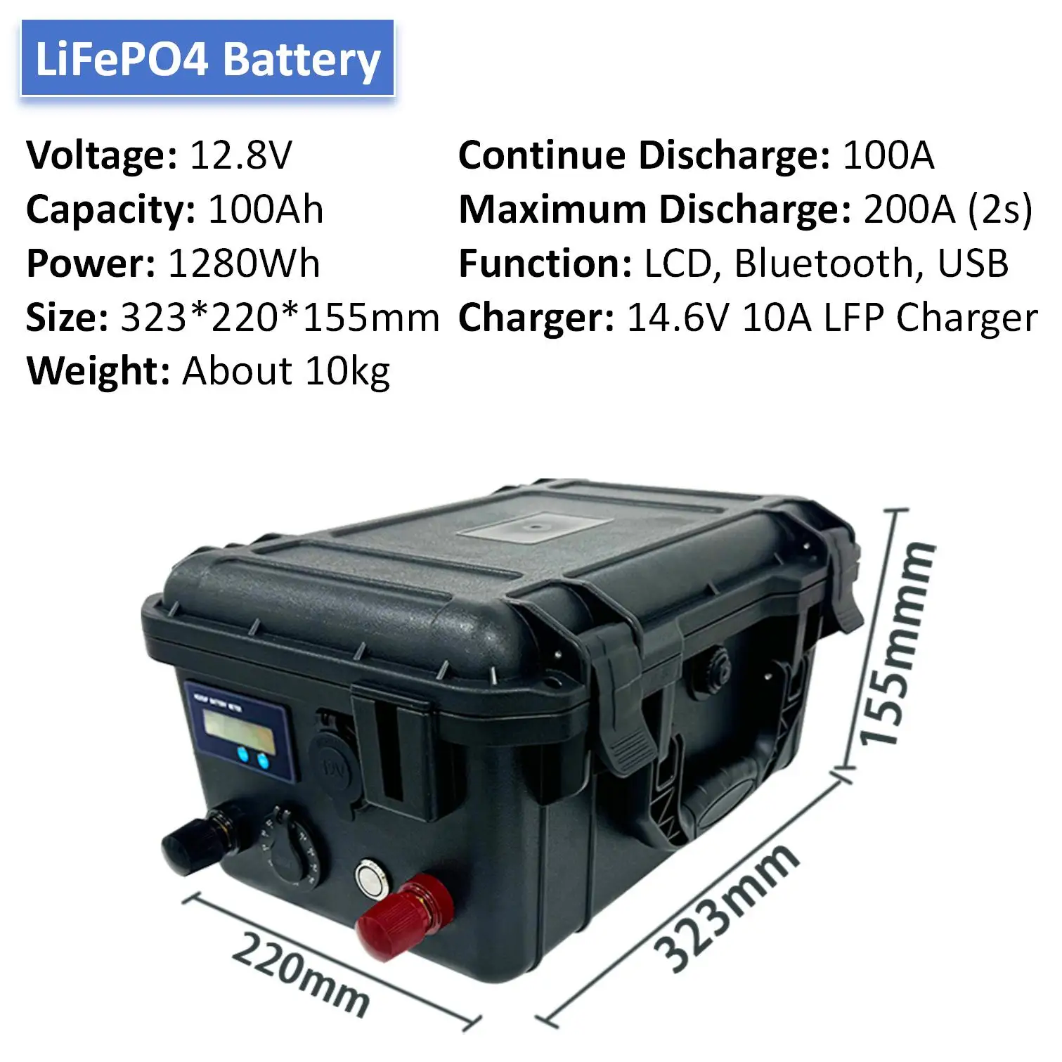 LiFePO4 12V 100Ah draagbare bootbatterij, 1280Wh lithium-ijzerfosfaat tractiebatterij voor scheepsschroeven