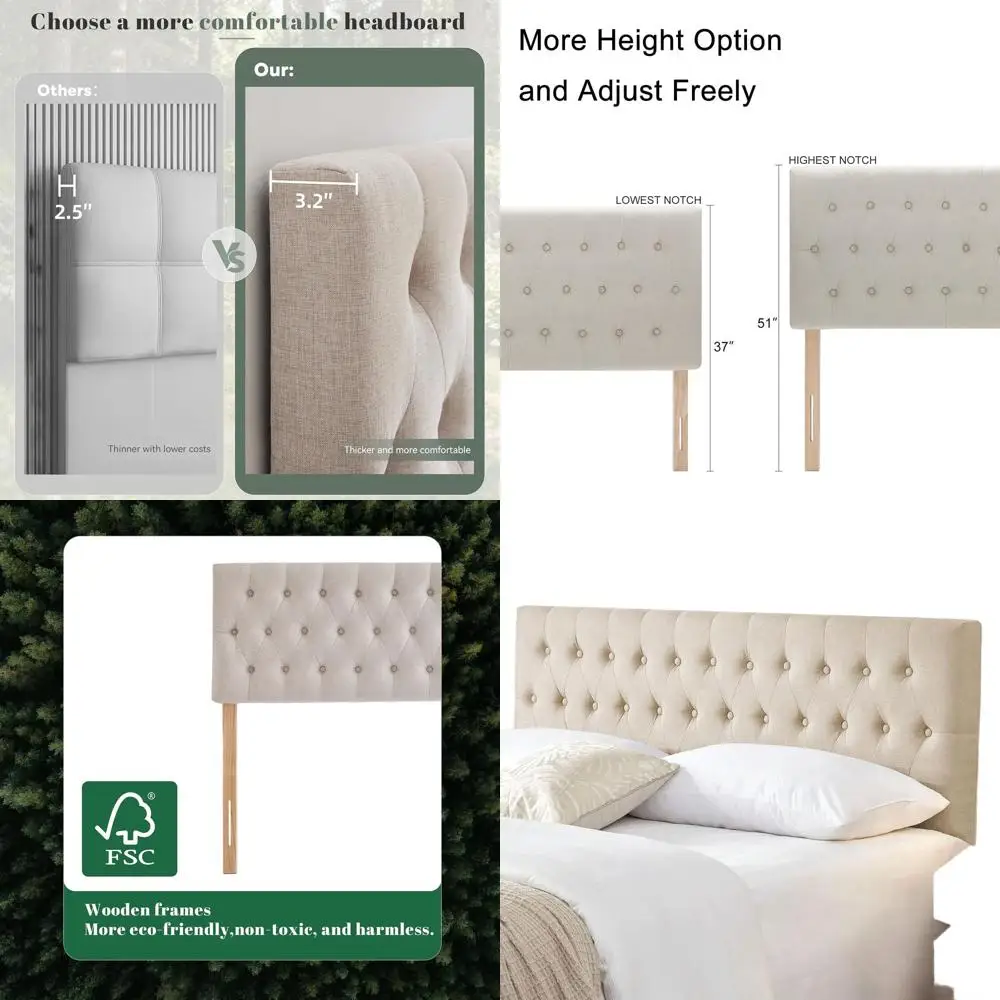 

Upholstered King Size Bed with Ergonomic Button Design, Adjustable Solid Wood Slats, Premium Linen Fabric Padded Slats for Bedro