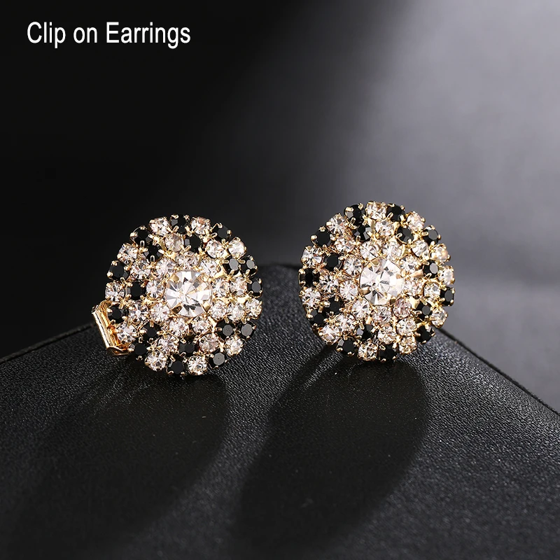 مختلط التألق حجر الراين كليب على أقراط للنساء ، أبيض وأسود ، الذهب الجولة دون ثقب ، أنيقة موضة ، مجوهرات الزفاف هدية