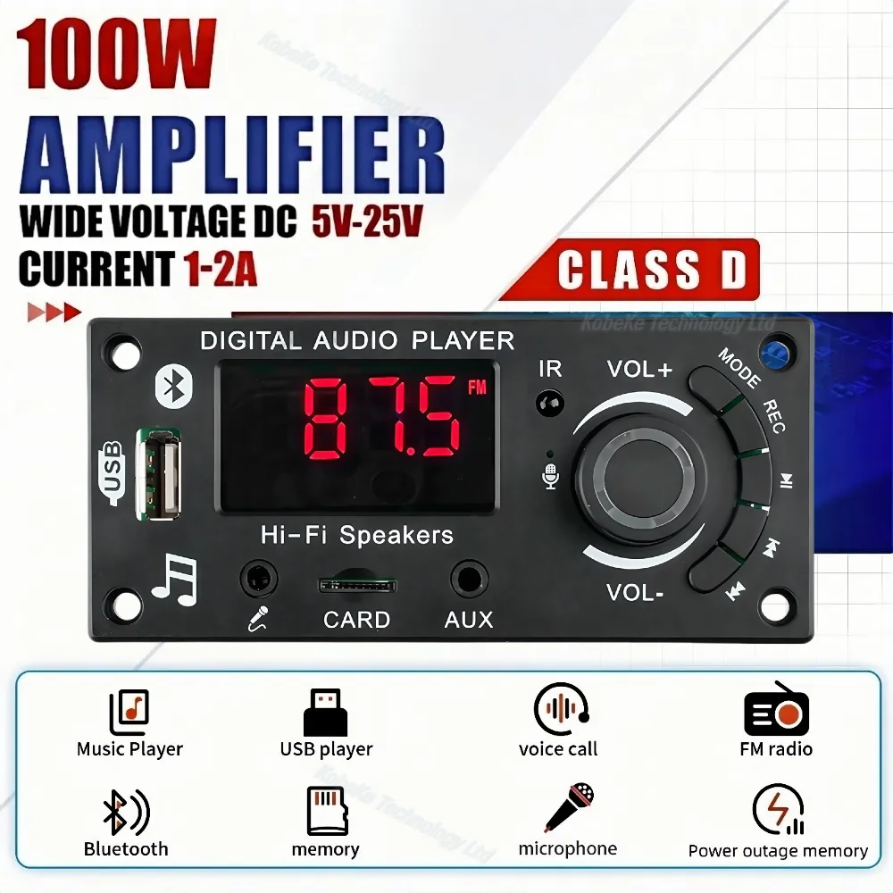 100W Amplifier Bluetooth MP3 Decoder Board 12V Car MP3 Player USB FM Recording Folder Switching Microphone Handsfree Control