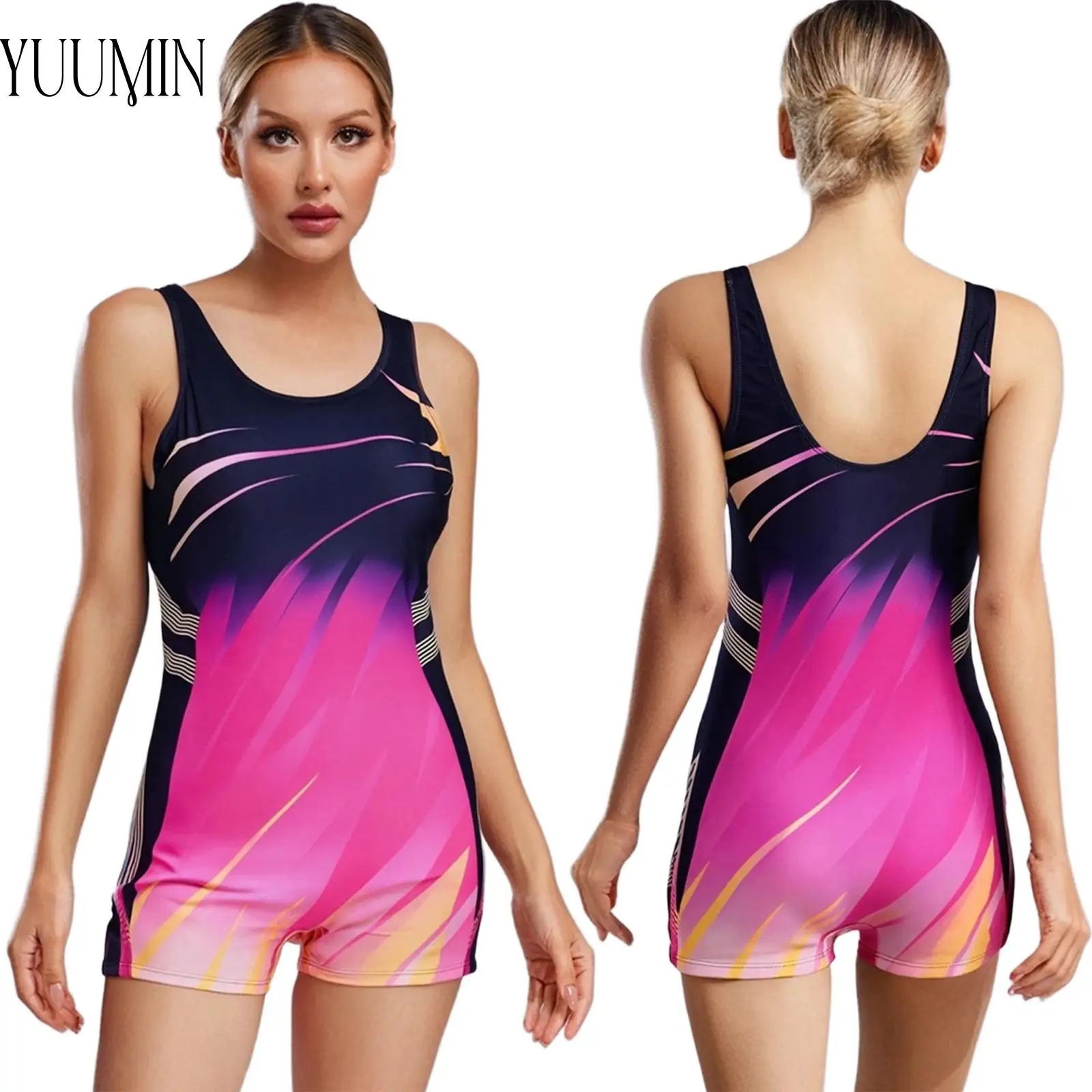 

Womens One-Piece Sports Swimsuit Sleeveless Stylish Printed Bodysuit Jumpsuit with Removable Chest Pads for Athletic Surfing
