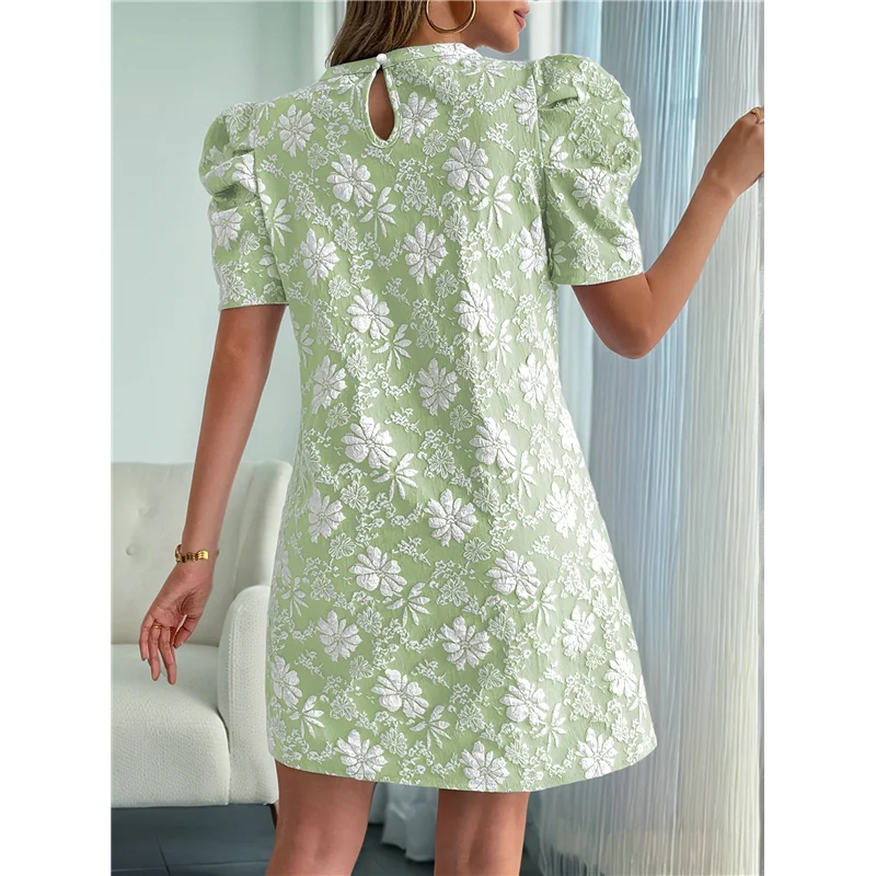 CYL-Damen Floral Puff Kurzarm Minikleid Hohe Taille Sommer Boho Kurze Kleider