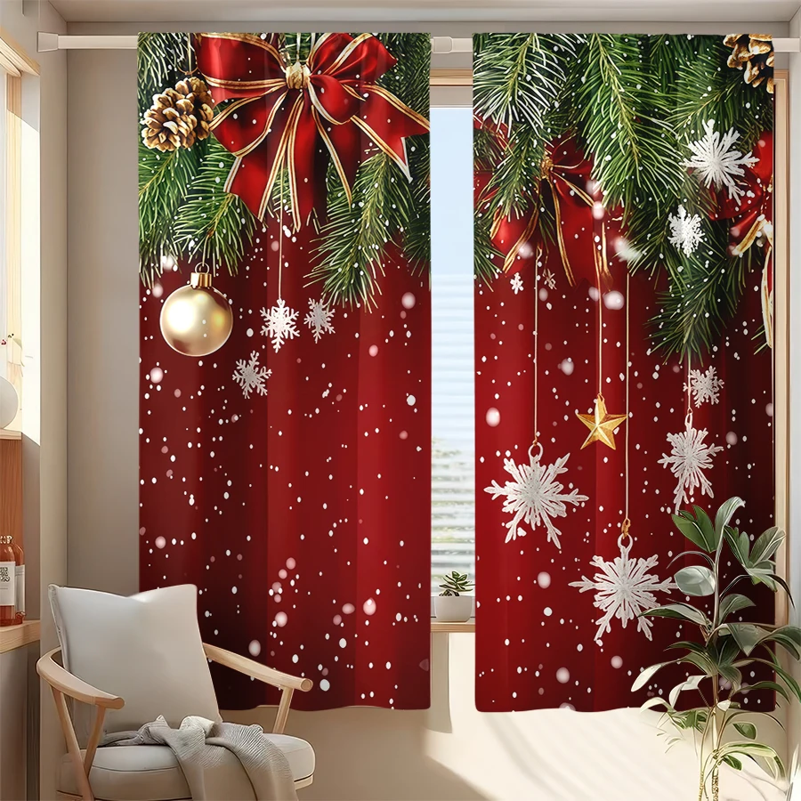 2PCS Snowflake Pine Branch Curtains, Christmas Winter Print, Holiday Window Drapes for Living Room Bedroom Decor