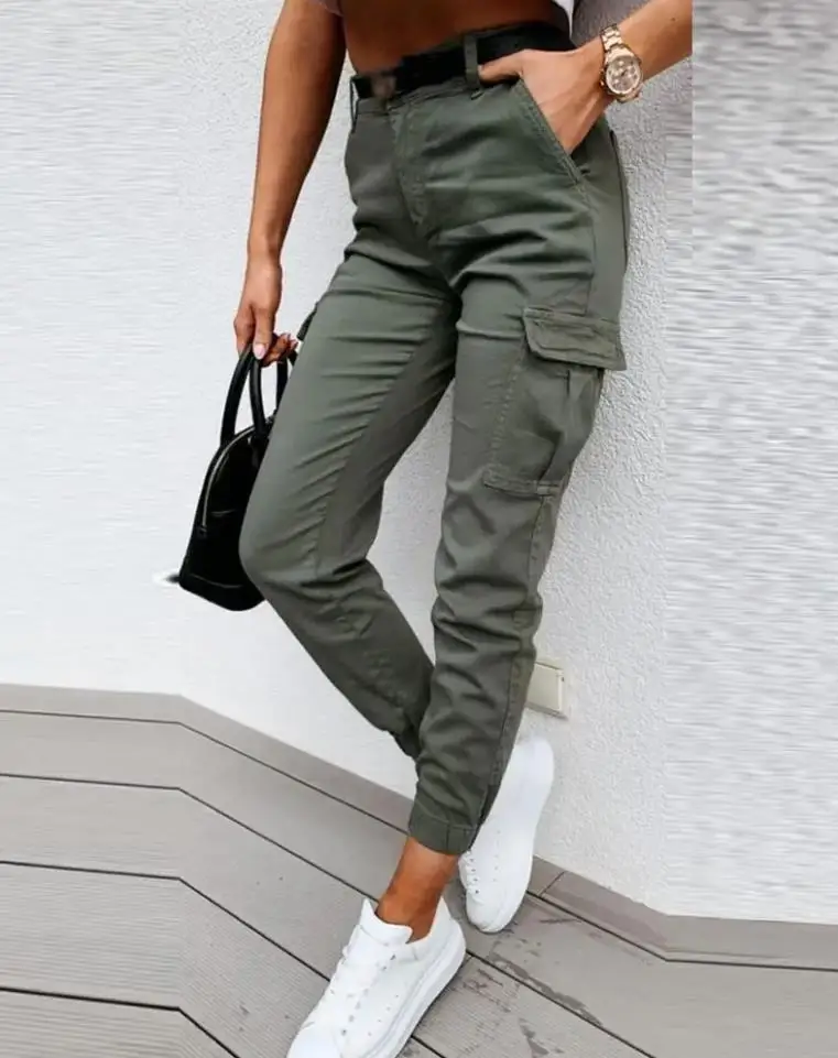 Women's Pocket Design High Waist Cargo Pants Female Fashion Clothing Pants Temperament Commuting Summer Female Trousers