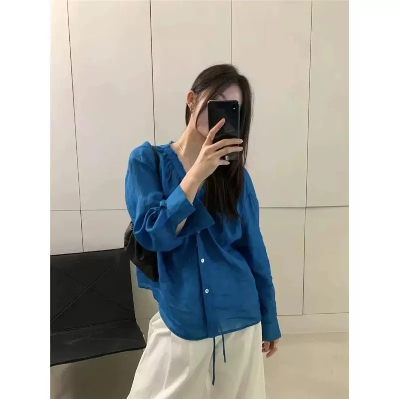 Recomendado 2025 primavera novo retro v-ne tissah seda dstring design longo sve feminino irt confortável solto commute sle