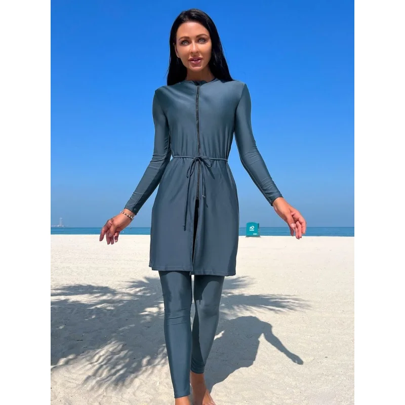 

3 шт. Буркини с передней молнией, мусульманская скромная женская купальная одежда, длинные рукава, брюки, UPF50+, защитный костюм, арабская купальная одежда, пляжная одежда