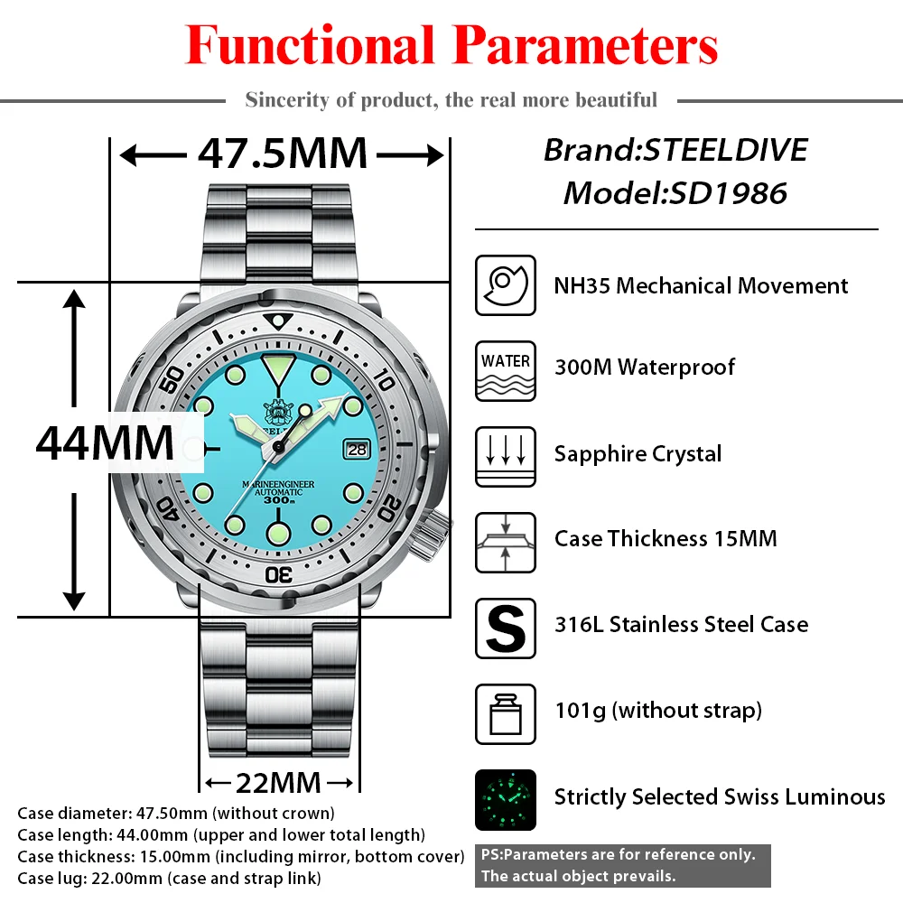 STEELDIVE SD1986 Mechanical Watch Stainless Steel Bezel 30Bar Waterproof Swiss Luminous Sapphire Mirror NH35 Men\'s Diving Watch