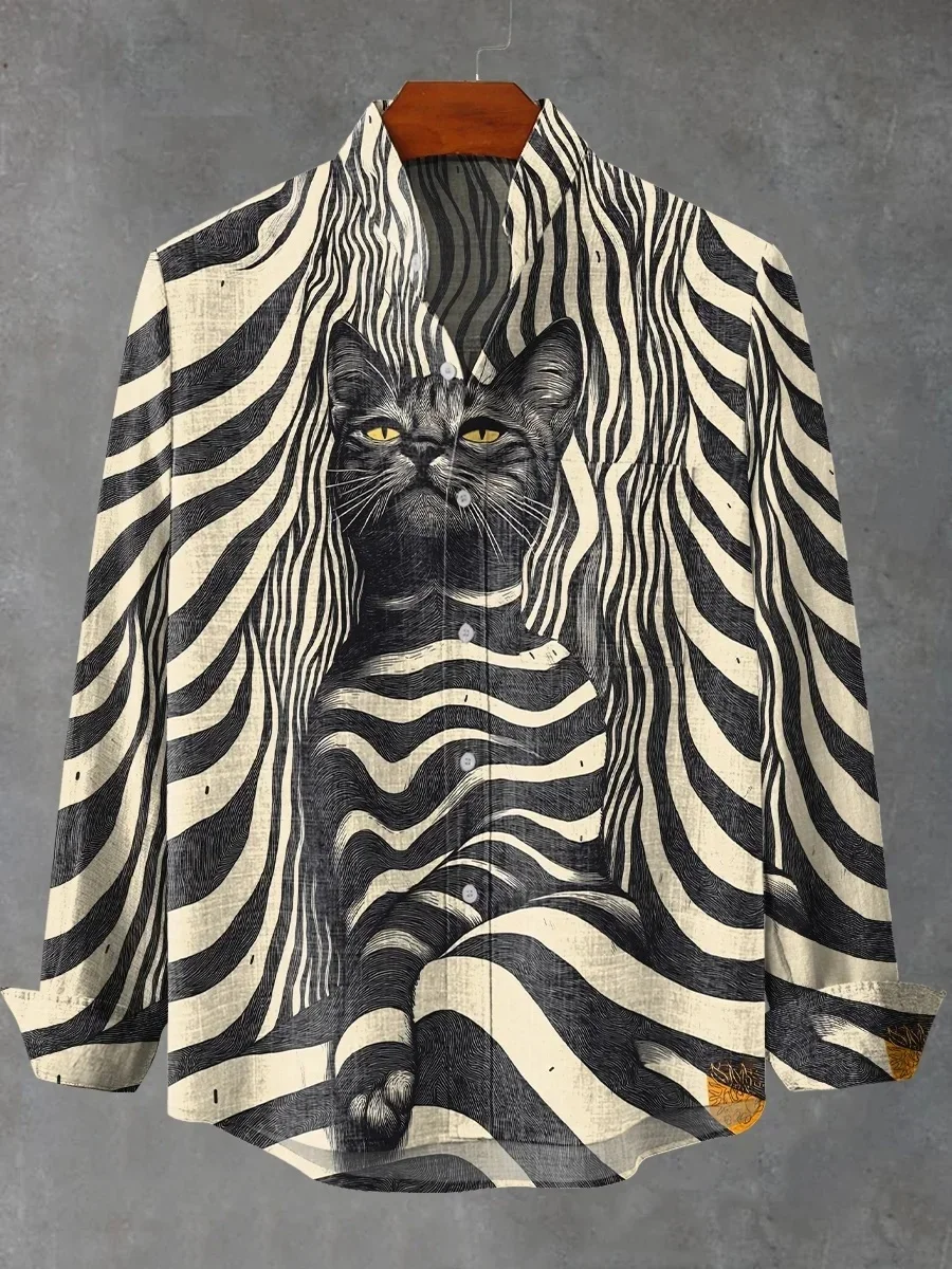 

New spring and autumn best-selling men's long-sleeved comfortable shirt retro kitten pattern art print shirt