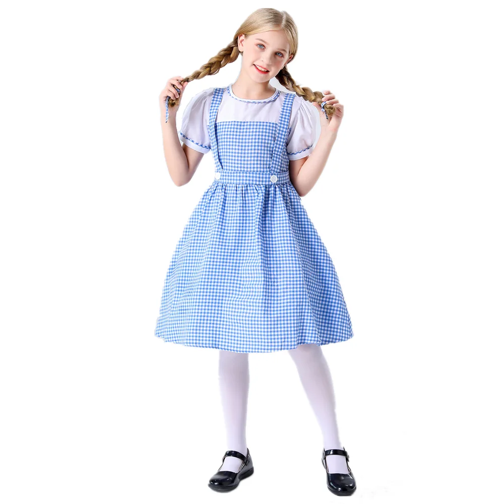 

Cute Girl Halloween Cosplay Costume Dorothy Maid Blue Plaid Dress With Hair Band Oktoberfest Dirndl