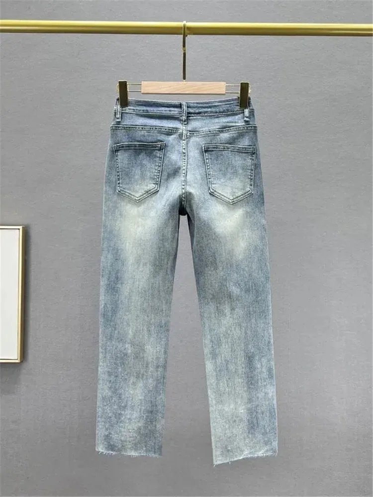 Rekbare Hoge Taille Afslankende Geborduurde Strass Cropped Jeans 2024 Lente En Zomer Nieuwe Rechte Broek Dameskleding