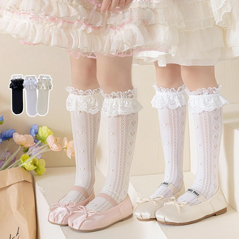 

Summer Hollow Heart Over Knee High Socks Princess Baby Girls Lace Ruffle Long Kawaii Sock Anti Hook Wire Kids Lolita Stockings