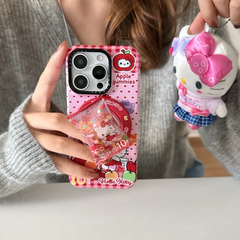 الدوبامين الأحمر شبكة البولكا نقطة أبل كاندي ثلاثية الأبعاد مرحبا كيتي جراب هاتف آيفون 17 16 15 14Pro ماكس مع حامل مغناطيسي