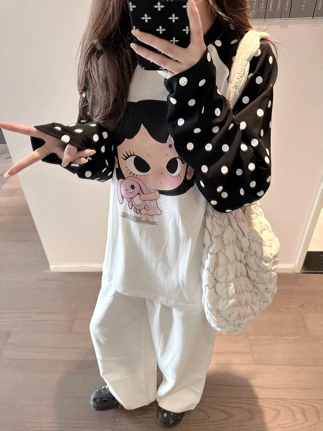 Loose Long Sleeve Polka Dot T-Shirt Women's Summer Casual round Neck Top Comfortable Breathable Sweat Absorbent Printed Tee