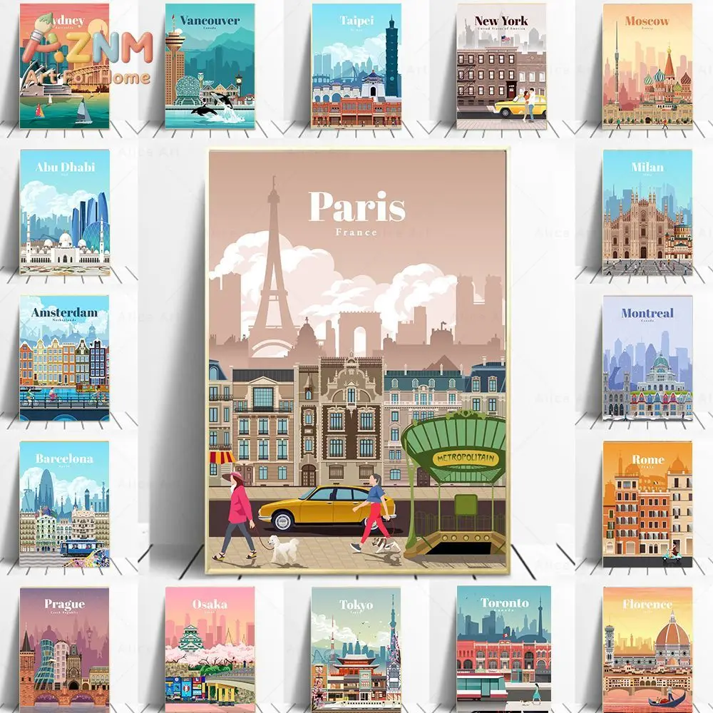AZNM Vintage World City Travel Canvas Wall Art Paris Rome Tokyo Retro Landmark Illustration Print Frameless Canvas Painting Livi