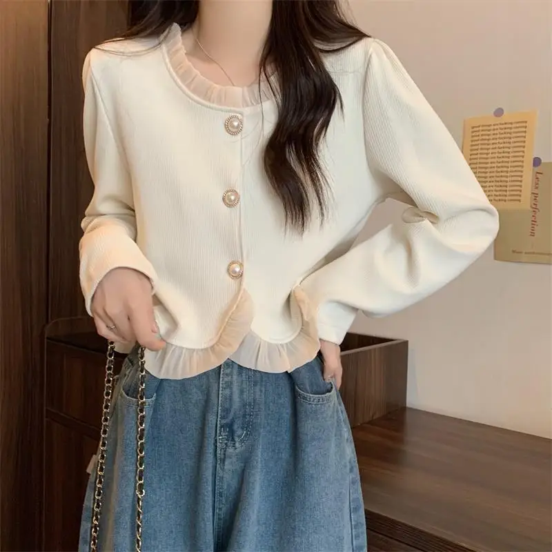 Large Size Belly Covering Lace Patchwork Long Sleeved Base Shirt Women's Chubby Sister Looks Slim Versatile Cardigan Shirt Top